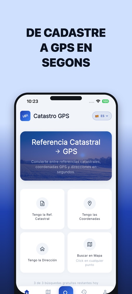 Pantalla d'inici de l'app Catastro GPS: converteix referències cadastrals, coordenades i adreces, o cerca tocant el mapa.