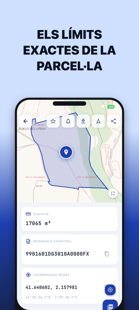 Detall de parcel·la a l'app: polígon oficial sobre el mapa cadastral, superfície, referència cadastral i coordenades WGS84.