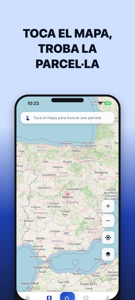 Mapa a l'app amb l'avís de tocar el mapa per cercar una parcel·la.