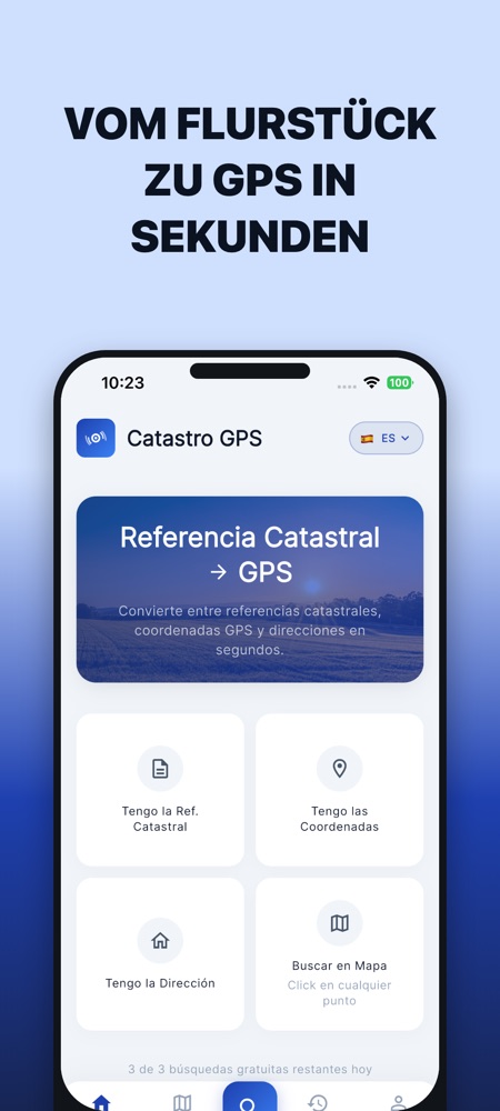 Startbildschirm der Kataster-GPS-App: wandelt Flurstücksnummern, Koordinaten und Adressen um, oder Suche per Tipp auf die Karte.