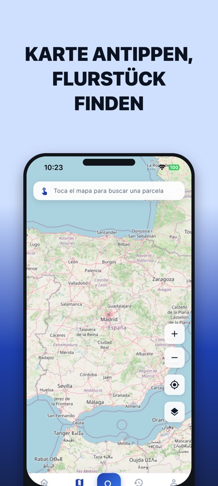 Karte in der App mit dem Hinweis, auf die Karte zu tippen, um ein Flurstück zu suchen.