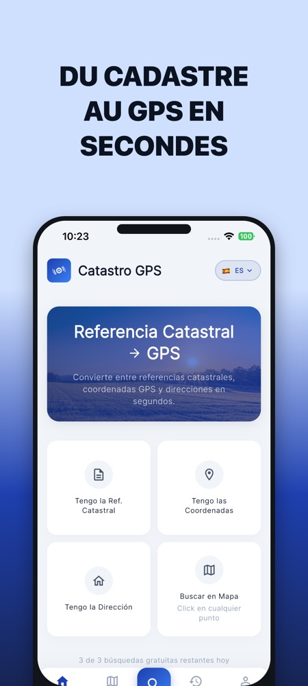 Écran d'accueil de l'app Cadastre GPS : convertit références cadastrales, coordonnées et adresses, ou recherche en touchant la carte.