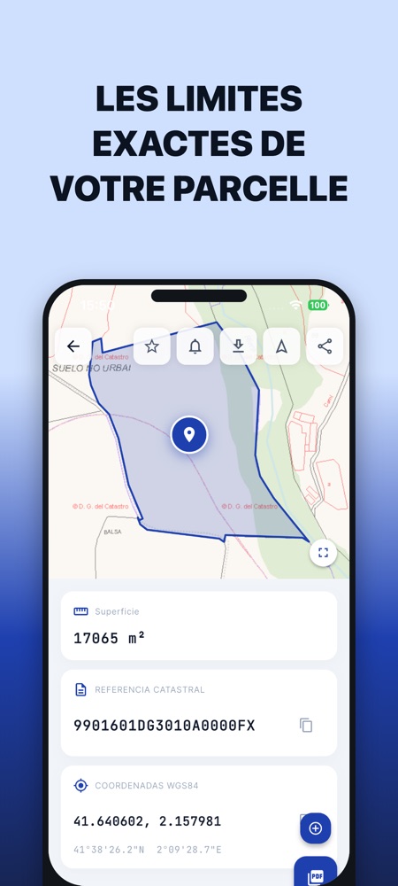 Détail d'une parcelle dans l'app : polygone officiel sur la carte cadastrale, surface, référence et coordonnées WGS84.