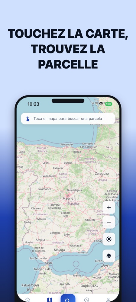 Carte dans l'app avec l'invite de toucher la carte pour chercher une parcelle.